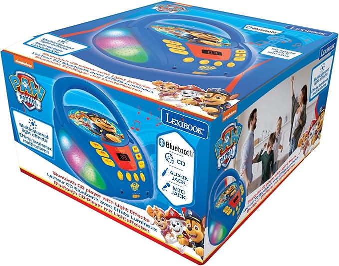 Lexibook - Paw Patrol - Bluetooth CD Player for Kids – Portable, Multicoloured Light Effects, Microphone Jack, Aux-in Jack, AC or Battery-Operated, Girls, Boys, Blue/Red, RCD109PA