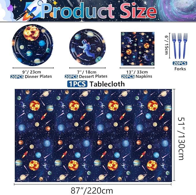 Outer Space Party Supplies for 20 Guests, Include Astronaut Planet Paper Plates, Napkins, Forks, Outer Solar System Tablecloth for Kids Birthday Party Solar System Theme Party Decorations