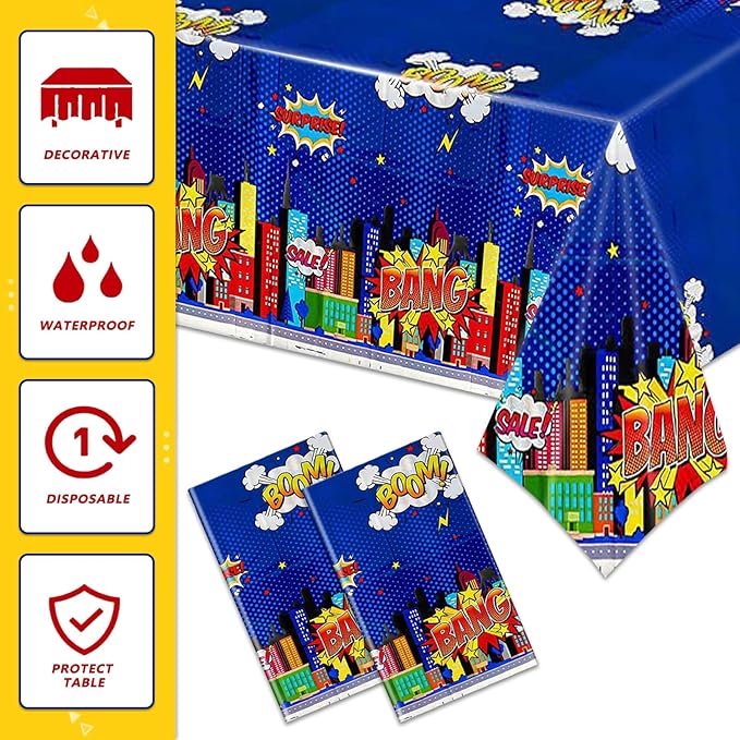 Superhero Plastic Tablecloth 2 Pack 51 x 87 Inches Superhero Party Decorations Rectangle Disposable Hero Table Cover Super Hero Theme Birthday Party Supplies