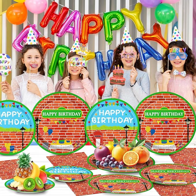 168pcs Red Brick Wall Street Birthday Party Supplies Plates Napkins Paper Cups Disposable Tableware Set Modern Cartoon Street Party Decorations for Kids Boys Birthday Decor Serves 24