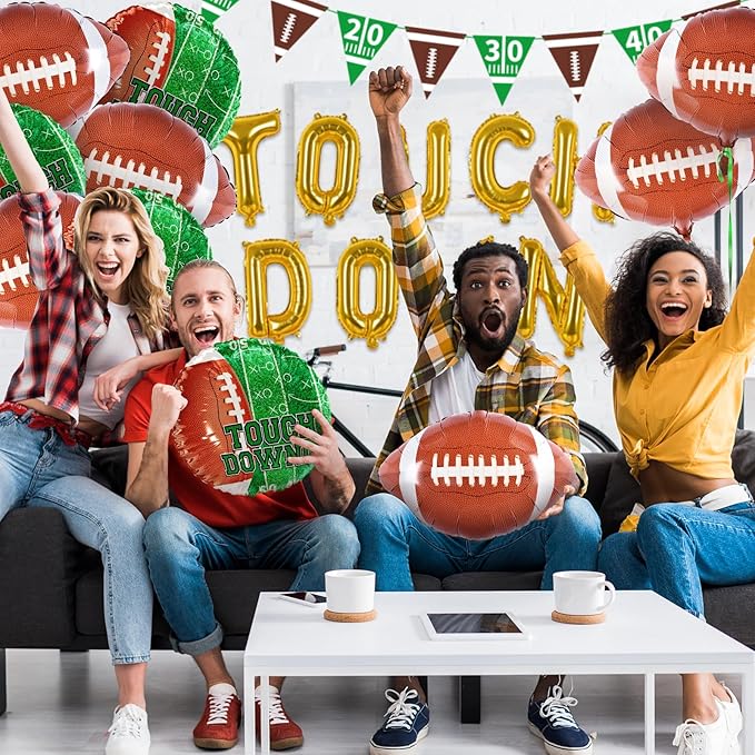 Football Party Supplies Kit - Touchdown Letter Balloon, Goal Post & Football Shaped Foil Balloons, Round 'Touchdown!' Foil Balloons, and Banner for Birthday, Game day, Tailgate Party Decorations
