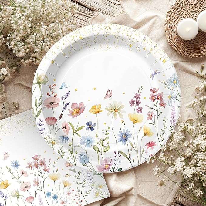 40 Pcs WildFlower Plates and Napkins Tableware Sets for WildFlower Party Decorations, Flower Birthday Decorations Which Can Serve 20