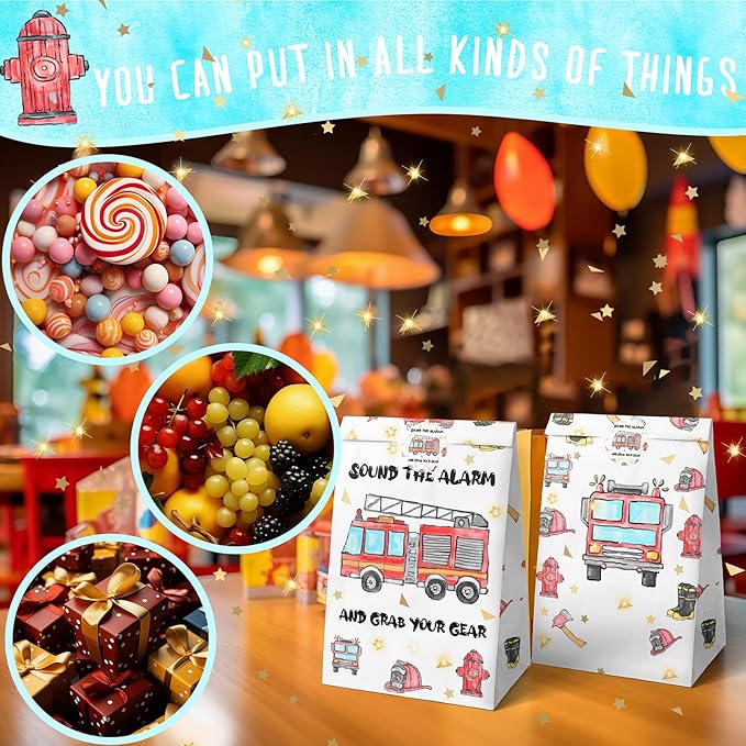 Watercolor Firetruck Party Favor Bags - 24 Pcs Firetruck Party Candy Bags with Stickers - Firetruck Goodie Gift Treat Bags - Watercolor Firetruck Themed Birthday Party Supplies