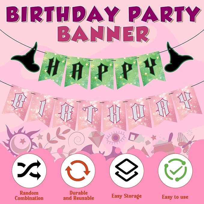 OHOME Witch Party Decorations - Pink and Green Happy Birthday Banner for Halloween Birthday Party Decorations Supplies | Witch Themed Decor Backdrop Photo Booth Props