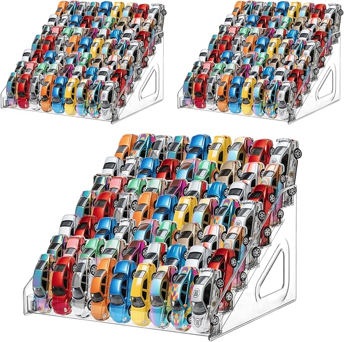 3 Pack 7-Tier Toy Cars Display Shelf for Hot Wheels Display Case Storage Organizer for 1/64 Scale Toy Cars-Hold 63 Toy Cars Clear Model Car Case Holder Container Shelf (Only case)