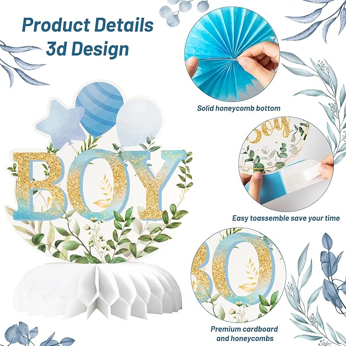 ANGOLIO 12Pcs It's a Boy Baby Shower Honeycomb Centerpieces Watercolor Blue Baby Shower Party Honeycomb Centerpieces Boy Baptism Decorations for Table Gender Reveal Baptism 1th Birthday Party Supplies