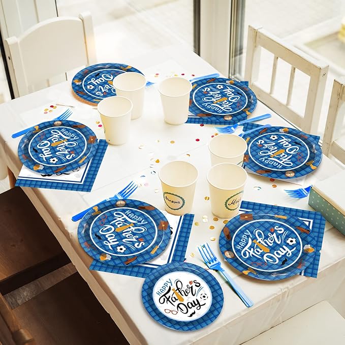 Wiooffen 96 Pieces Happy Father's Day Party Decorations Fathers Day Plates And Napkins Tableware Set Blue Fathers Day Celebration Supplies Best Dad Party Decorations Serve 24 Guests