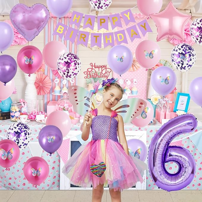 6th Pink Purple Birthday Decorations,Pink Purple 6th Birthday Balloons for Girls Lavender Party Decor Banner Number 6 Balloons Cake Topper Butterfly Party Decorations for 6 Year Old Girls