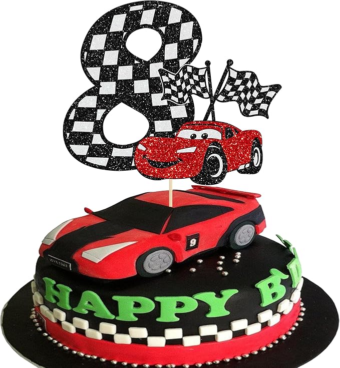 Gyufise 1Pc Race Car 8th Cake Topper Glitter 8th Racing Car Birthday Cake Topper Decoration for Racing Car Checkered Flag Themed Girl Boy 8 Years Birthday Party Supplies