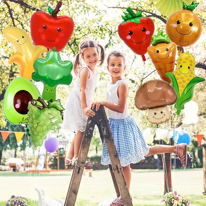 10 Pcs Fruit Balloons and Vegetable Balloons - Large Apple Orange Strawberry Grape Mushroom Banana Avocado Corn Carrot Broccoli Mylar Foil Balloons, Fruit Theme Birthday Party Decorations Supplies