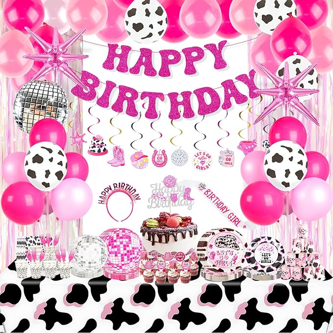 185Pcs Cowgirl Birthday Party Decorations Supplies - Includes 20 Guests Tableware Set and Birthday Banner Backdrop Foil Balloons Stand Cake Toppers for Western Disco Cowgirl Party Decor
