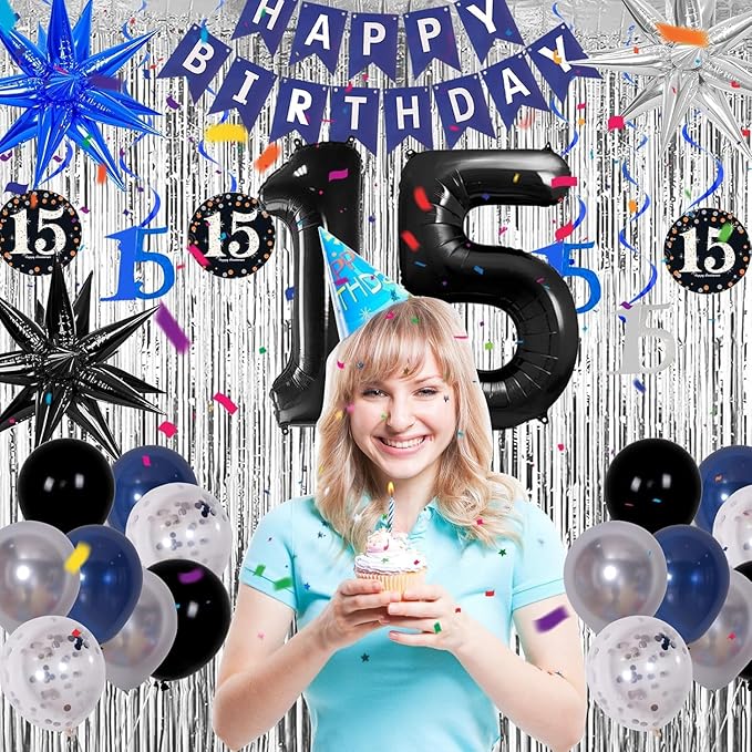 15th Birthday Decorations for Boys and Girls Dark Blue, HAPPY BIRTHDAY Banner Black Number 15 Balloons Tablecloth Foil Backdrop Star Balloons Garland Arch Kit-15 Years Old Birthday Party Supplies