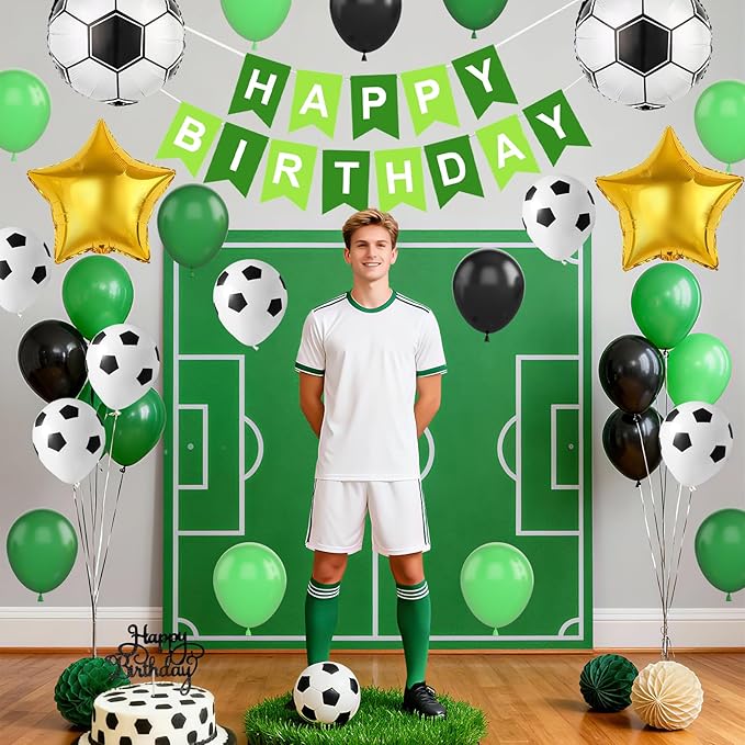 Soccer Birthday Party Decorations for Boys, Soccer Party Decorations with Green Black White Balloons 'HAPPY BIRTHDAY' Banner Cake Toppers Star Foil Balloons for Boys Men Birthday Decor