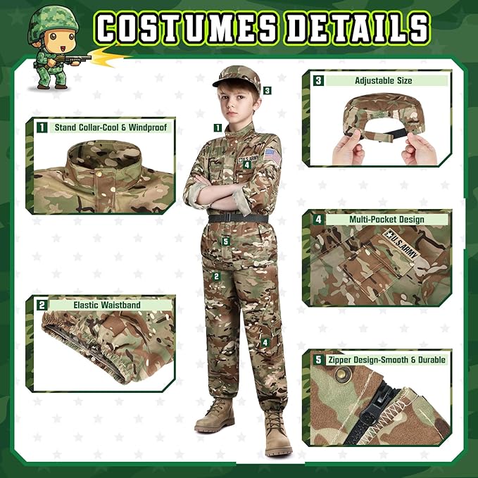 GIFTINBOX Army Costume for Kids, 15PCS Soldier Military Costume Dress Up Role Play Set with Army Accessories, Halloween Costumes for Boys 3-13, Halloween Birthday Gift for Kids