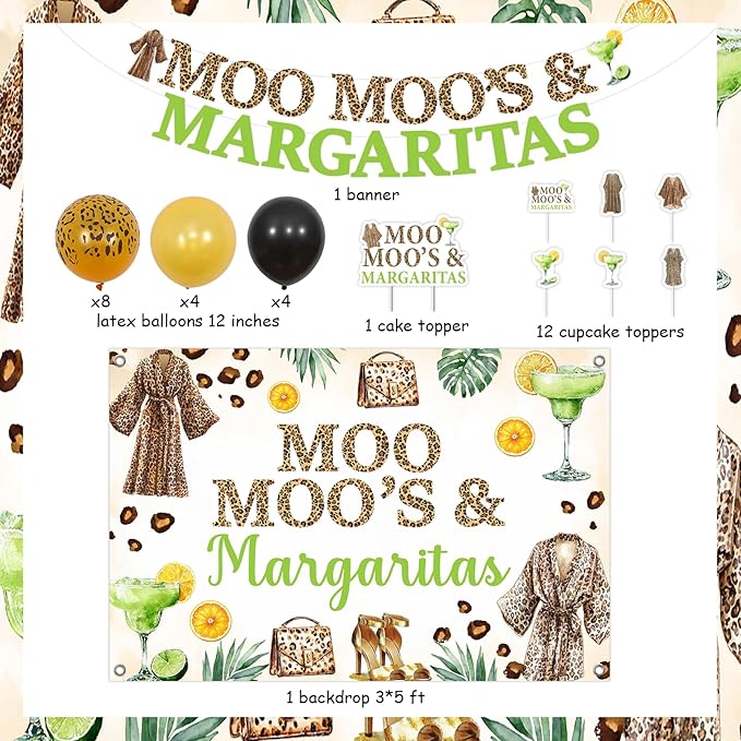 JOYMEMO Moo Moos and Margaritas Birthday Decorations for Women Female, Margarita Backdrop Banner, Cake Topper, Cupcake Toppers, Margs Theme Party Supplies