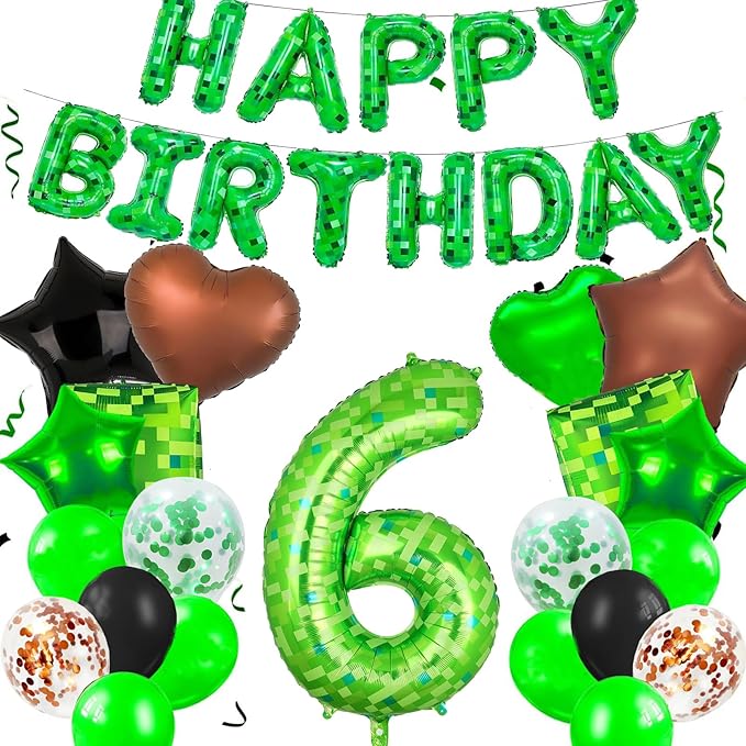 34Pcs Pixel Happy Birthday Party Decorations Set Green Pixel Miner Number 6 Foil Balloon Large Mylar Mining Theme 6th Number Balloons Video Game Party Supplies Cubes Boxes Decor