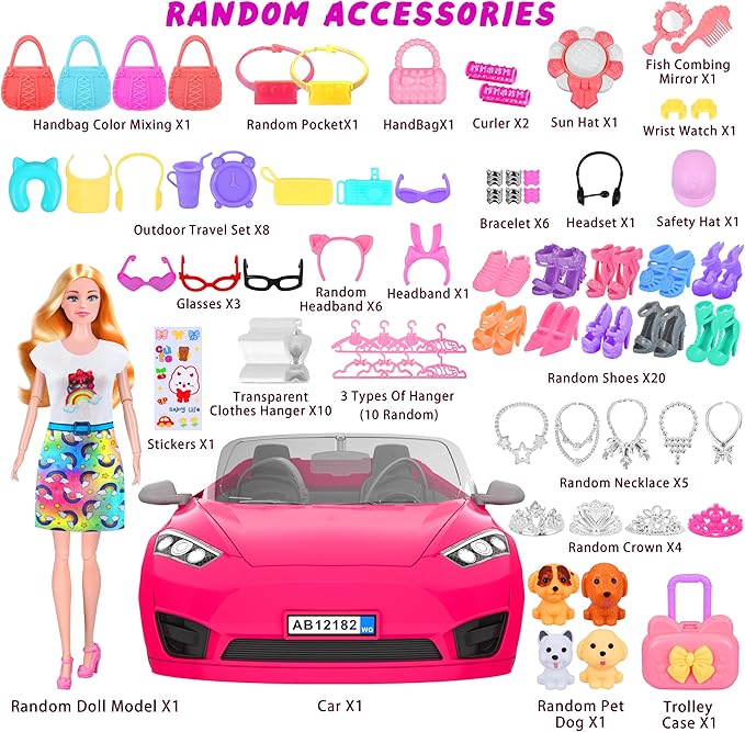 91 Pcs Doll Convertible Car Set, Doll Clothes and Accessories, Doll Playset Dress up Toys for Girls Kids Toddlers, Gift Toys for Age 3 4 5 6 7 8