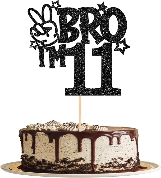 1 PCS Brother I'm 11 Cake Topper Glitter Star Happy 11th Birthday Cake Pick Bro I'm 11 Cake Decoration It's My 11th Birthday Decorations for Boys Cheers to 11 Years Old Birthday Party Supplies Black