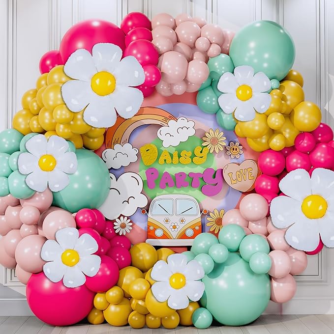 ALL-IN-1 Daisy Balloons Garland Kit & Arch with BONUS Daisies – Small and Large Pastel Pink Green Yellow Two Groovy Balloons – Daisy Party Decorations for Birthday or Baby Shower – Hippie Retro Floral