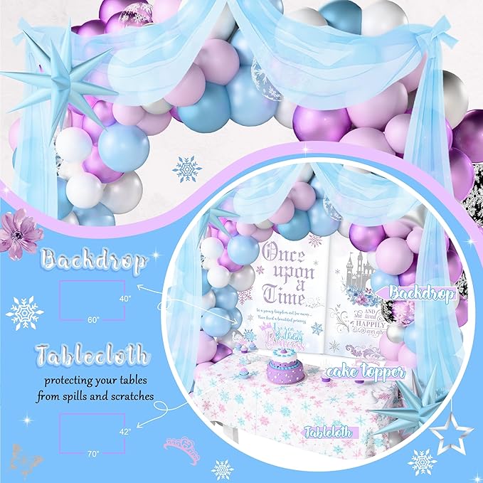 Winter Snow Birthday Party Decorations for Girls,Snowy Princess Birthday Supplies,Winter Wonderland Princess Party Decor,Ice Blue Silver Snowflake Balloons,Once Upon a Time Fairy Girl Party Decor