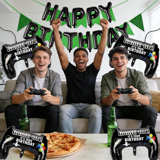 Black Happy Birthday Balloons, 29" Huge Video Game Controller Aluminum Foil Balloon Banner for Boys Birthday Gaming Party Decorations Supplies