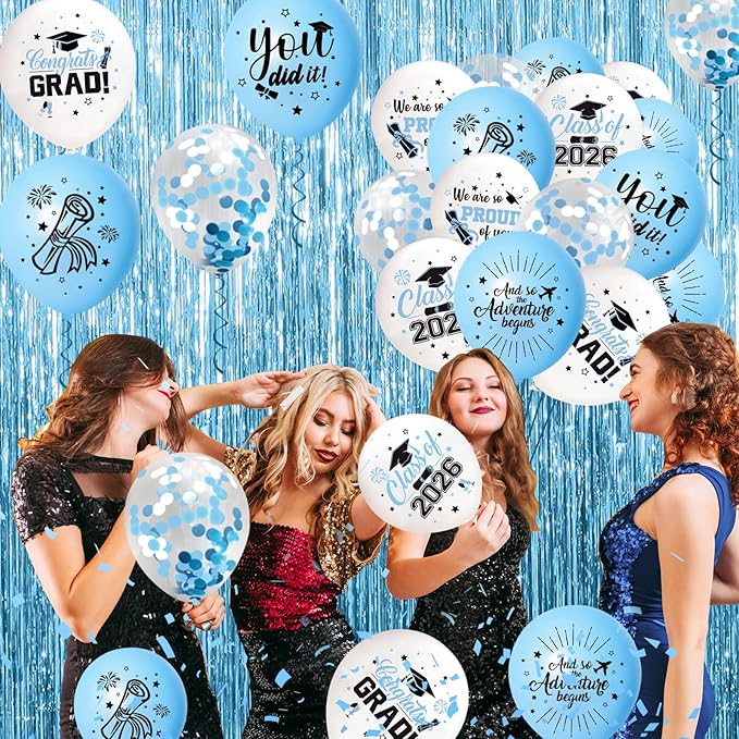 75Pcs Light Blue Graduation Balloons Decorations Class of 2026 Graduation Party Supplies with Grad Balloon Ribbons for Grad Party Decoration