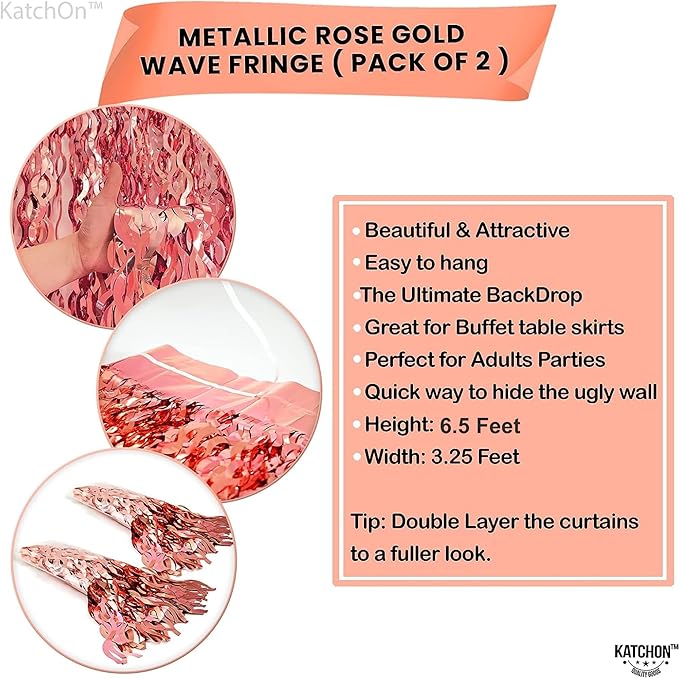 KatchOn XtraLarge Wavy Rose Gold Fringe Backdrop - 3.2x6.5 Feet Pack of 2 | Wine Bachelorette Party Decorations | Birthday Decorations for Women