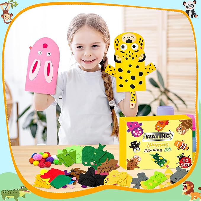 WATINC 12Pcs Hand Puppet Making Kit, Art Craft Felt Sock Puppet Toys, Creative DIY Make Your Own Pompoms Wiggle Googly Eyes Storytelling Role Play Party Supplies Gift for Girls Boys (Animals Wild A)