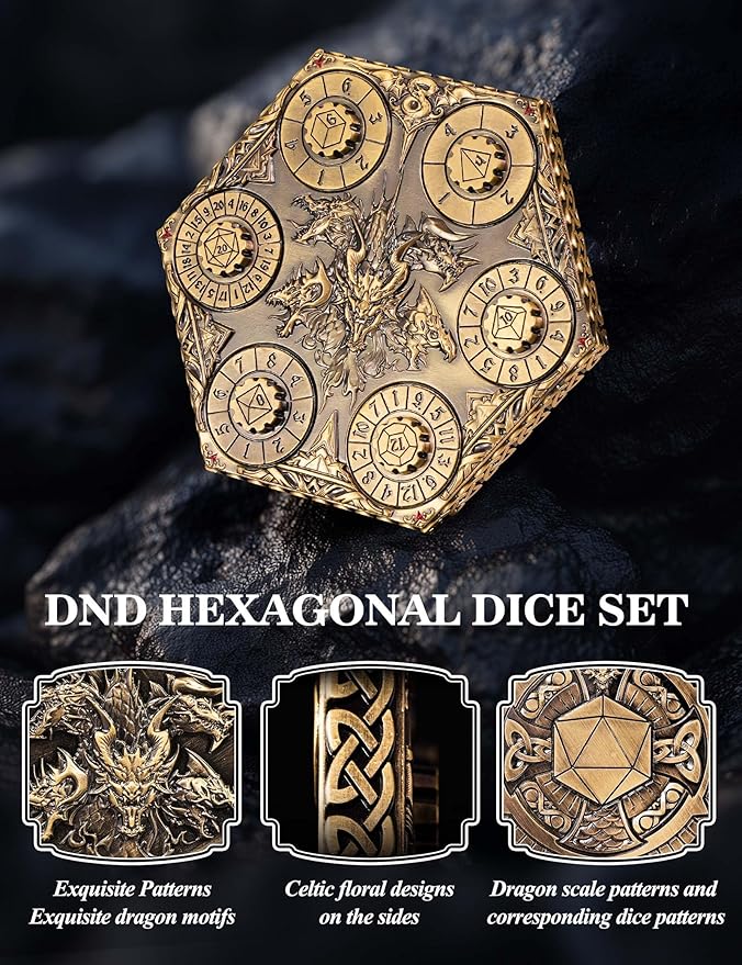 D&D Dice Set,7PCS Metal Dice for Dungeons and Dragons,Mini Dice Set with Pocket Watch Case,Role Playing Board Games Accessories (Dragon, Gold-S)