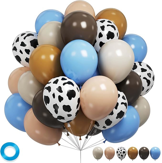 Blue Cow Print Balloons - Western Cowboy Baby Shower Decorations, Light Blue & Brown Cow Latex Balloons for Farm Animal Theme Birthday Party Supplies