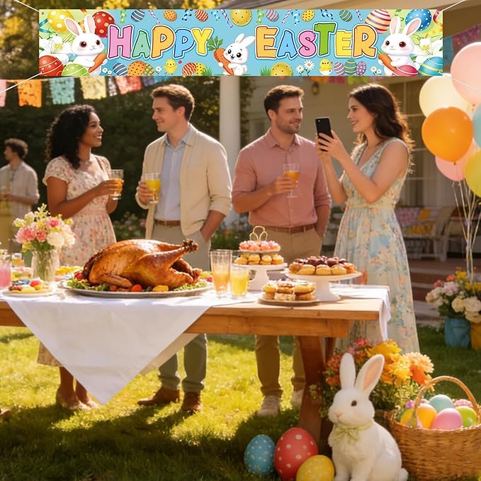Happy Easter Banner 120x20 Inches, Easter Outdoor Decorations for Yard, Fence, Porch, Party, Durable Polyester Easter Bunting with Easy Hang Grommets for Indoor Outdoor Easter Party Supplies