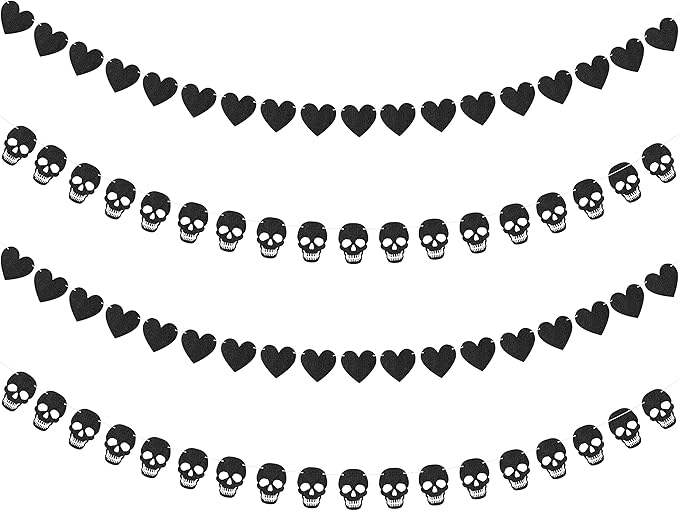 K1tpde 4PCS Gothic Black Heart Skull Garland Banner Kits, Black Felt Heart Banner for Valentines, Skull Garland Backdrop for Gothic Birthday Party Decorations, Halloween Home Decor Party Supplies