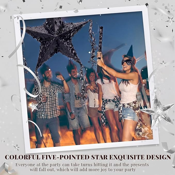 Hanaive Foil Star Piñata with Blindfold and Bat for Birthday Foldable Star Shape Piñata with Stick Festive Fiesta Party Supplies Favors for Mexican Party(Black)