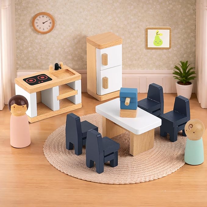 PairPear Wooden Toys Dollhouse Furniture Playset,35 Piece Furnitures with Family Dolls,Doll House Accessories Pretend Play Gift for Girls and Boys 3 Year and Up
