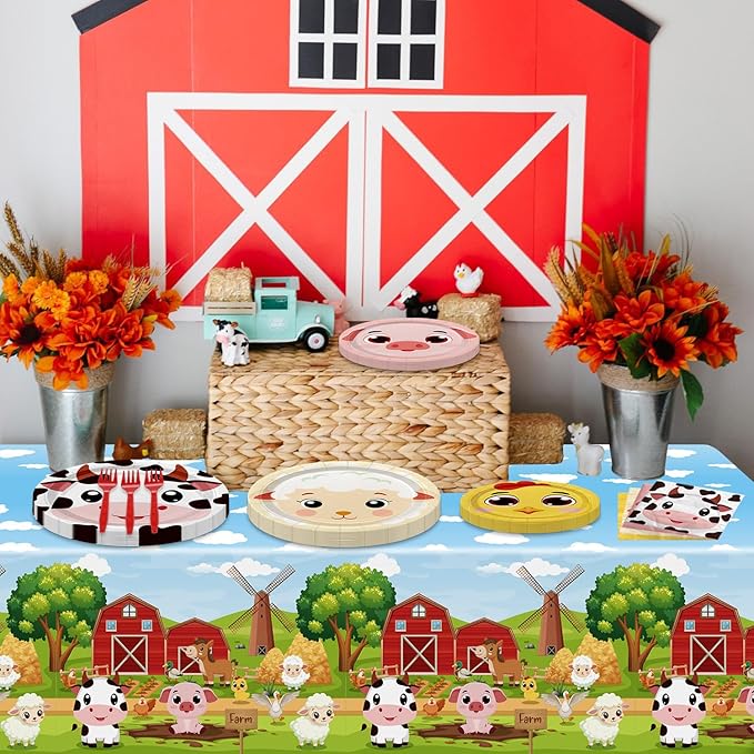 Farm Birthday Party Plates Set for 20 Guests, Including Animals Tablecloth, Napkins, Forks and Plates for Baby Shower Farm Birthday Decorations