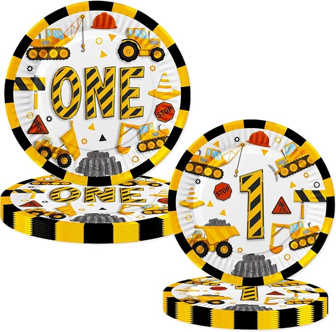 Letromp 80 Pcs Construction 1st Birthday Decorations Dump Truck One Years Old Disposable Paper Plates Napkins Forks Dinnerware for Im Digging Being 1 Bday Baby Shower Party Supplies