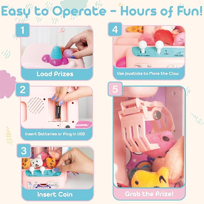 Claw Machine for Kids - Mini Arcade Game - Vending Machine - Candy Grabber Toys - Silent Mode, Lights, USB - Plush Toys & Easter Eggs, Surprise Stickers - Fun Gift for Kids, Boys & Girls (Unicorn)