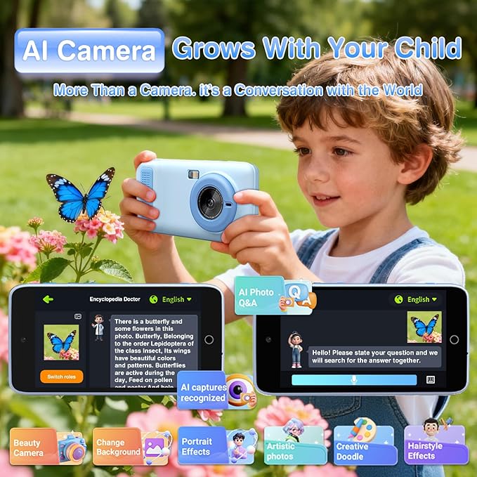 AI Digital Camera for Kids with WiFi, Photo Recognition & Voice Dialogue, 4" Touch Screen AI Kids Smart Camera with Dual Lens, Portable Learning Toy, Christmas Birthday Gift for Ages 3-15 (Blue)