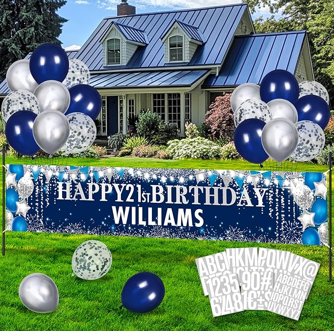 Large Blue Birthday Decorations Banner with Personalized Letter Stickers and Balloons DIY Navy Blue Silver Happy Birthday Yard Banner Custom Bday Sign for Men Women Bday Party Supplies Outdoor