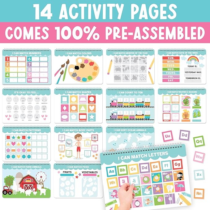 Hadley Designs My First Busy Book Toddlers 3-5, Montessori Preschool Learning Activities Age 4-5, 174 Pcs Velcro Busy Book, Travel Toys Airplane Car Quiet Time, Sensory Toys, Easter Gifts for Kids