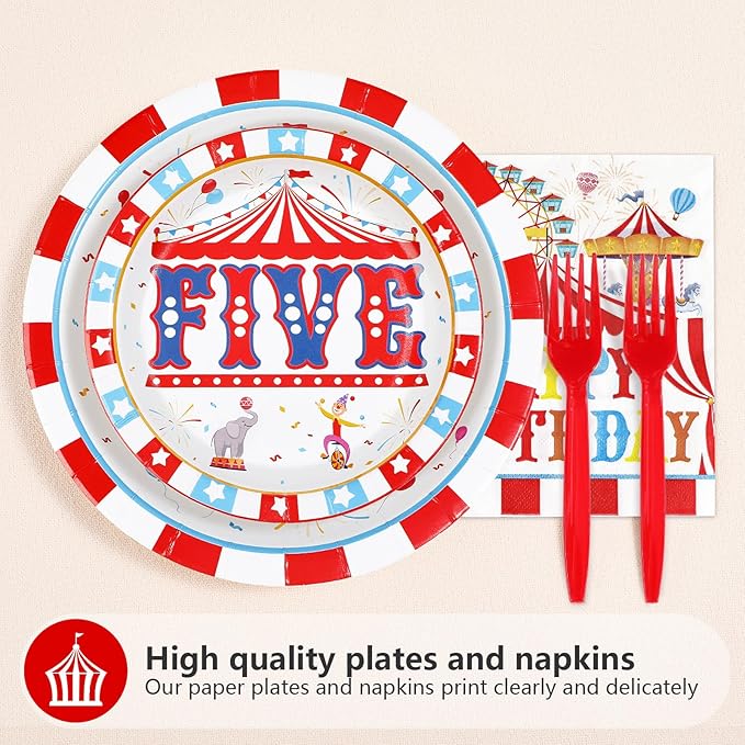 96Pcs Carnival 5th Birthday Party Decorations Christmas Carnival Circus Fifth Birthday Plates and Napkins Tableware Sets Circus Theme Decorations for Kids Baby Shower Five Years Old Supplies Serves 24