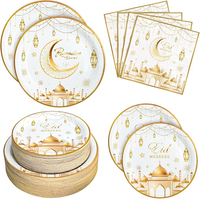 180pcs Ramadan Eid Mubarak Party Supplies,Eid Mubarak Plates and Napkins Set,for Ramadan Party Decorations, Serve 60 Guest