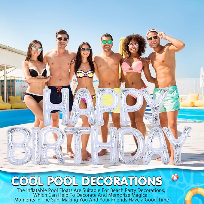 Shappy 20'' Happy Birthday Pool Large Floating Letter Balloons with Adhesive Dots Inflatable Pool Decorations for Summer Birthday Party