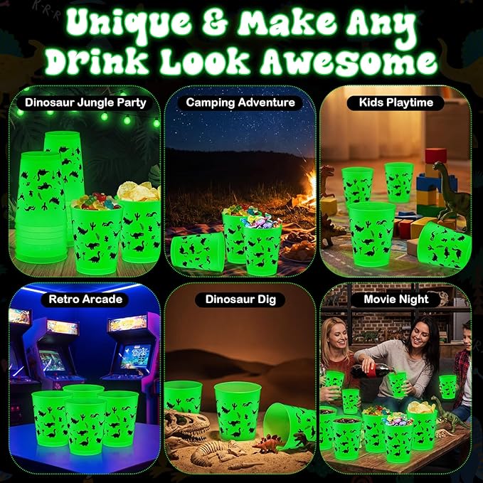 48 Pcs Glow in Dark Dinosaur Cups for Party Favors 12 oz Dinosaur Reusable Plastic Cups Bulk Dino Frosted Tumblers Gifts for Dino Themed Birthday Party Supplies Glow in The Dark Decorations