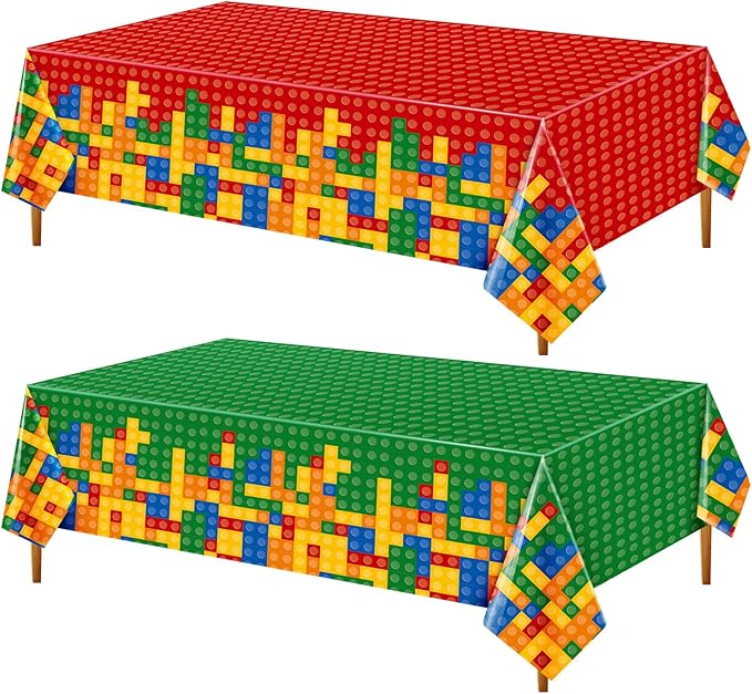 Oudain 2 Pcs Building Block Tablecloths Colorful Building Blocks Birthday Party Decorations 54 x 108 Inch Disposable Plastic Brick Table Cover Waterproof Brick Themed Party Supplies (Red,Green)