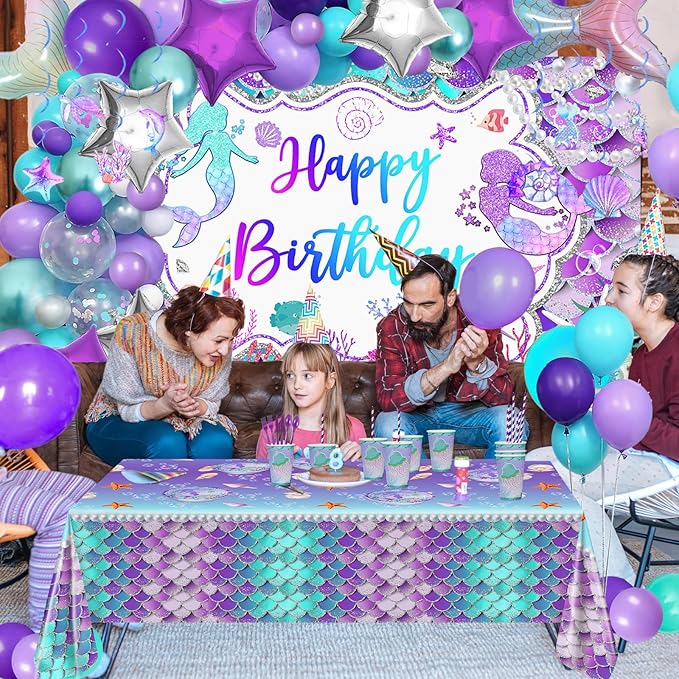 Avezano 321 PCS Mermaid Birthday Party Supplies Includes Disposable Paper Plates, Cups, Napkins, Tablecloth, Banner & Balloon Arch Kit for Girls Women Mermaid Party Decorations, Serves 24