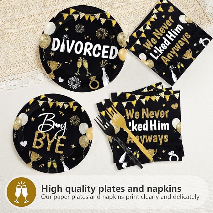 96Pcs Divorced Party Decorations We Never Liked Him Anyway Plates and Napkins Black Gold Divorced Disposable Paper Tableware Set for Women Men Break Up Divorce Party Supplies Serves 24