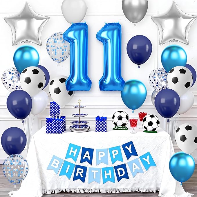 Soccer Birthday Party Decoration for Boys, 11th Soccer Party Decorations with Navy Blue White Silver Balloons 'HAPPY BIRTHDAY' Banner 32in Foil 11 Balloon for Boy Kids Birthday Baby Shower Decor