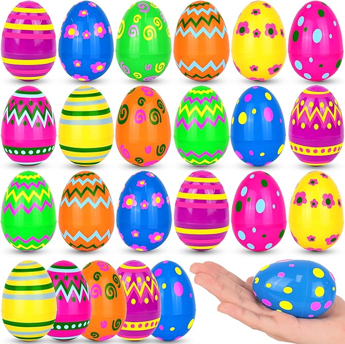 24 Pack Plastic Printed Easter Eggs, 3.15'' Tall Fillable Empty Eggs Bulks for Easter Eggs Hunt, Easter Basket Stuffers Fillers, Classroom Prize Supplies, Filling Treats and Party Favors
