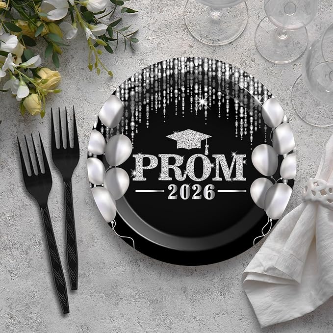 96PCS Prom Night 2026 Party Tableware Set Black Silver Graduation Party Supplies Congrats Class of 2026 Party Disposable Dinnerware Plates Napkins Forks for Graduation Celebration Favors
